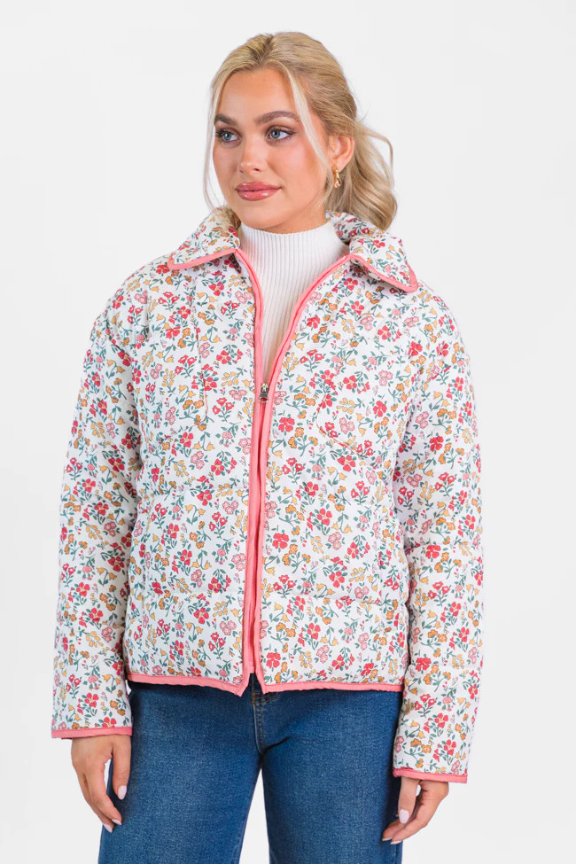 Field Of Florals Ivory and Pink Multi Quilted Floral Jacket | Pink Lily