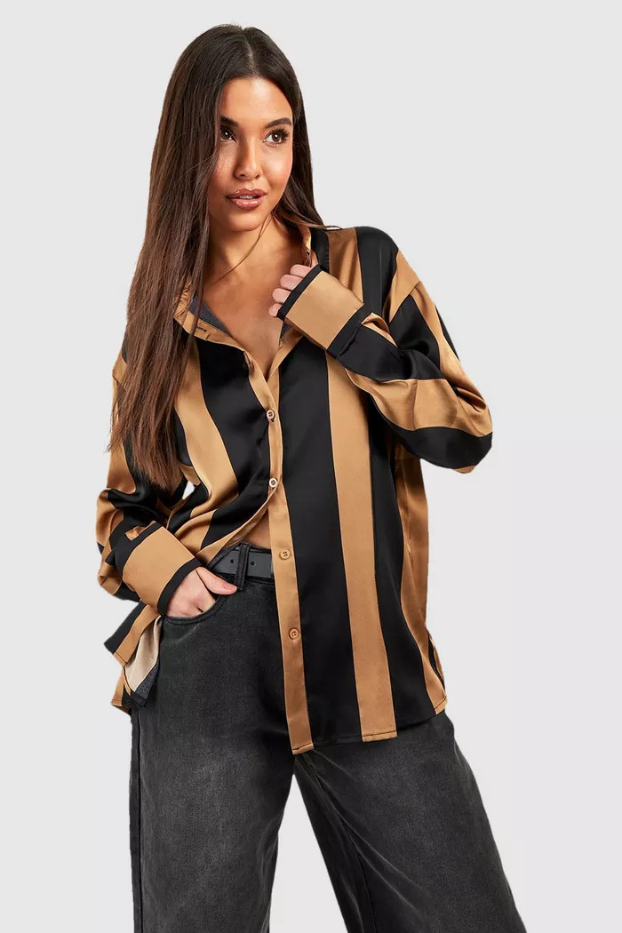 Satin Wide Stripe Shirt | boohoo (US & Canada)
