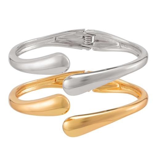 Gold Bangle Bracelets for Women Chunky Cuff Bracelet 18K Gold Plated Open Teardrop Bangle Set Wid... | Amazon (US)