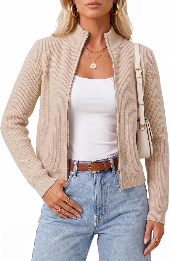 Arach&Cloz Women's Wool Blend Mock Neck Zip Up Fall Work Cardigan Sweaters | Amazon (US)