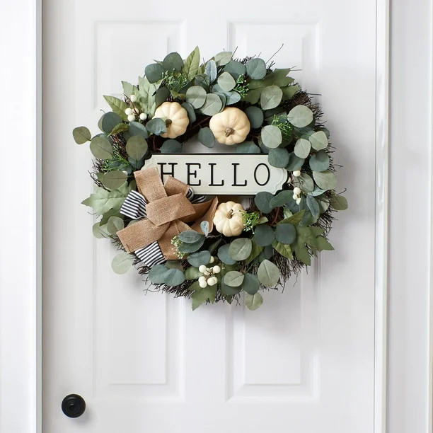 Way to Celebrate Harvest Hello Green Eucalyptus and White Pumpkin Wreath, 24" | Walmart (US)