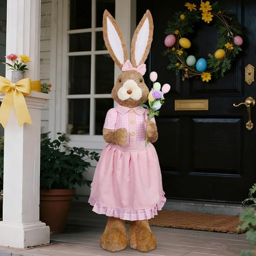 DR.DUDU 4FT Outdoor Easter Decorations for Porch & Home, Extra Large Easter Bunny-Sisal Rabbit, Standing Tall Bunny Statue with Eggs for Outside, Spring Decor (Girl) | Amazon (US)