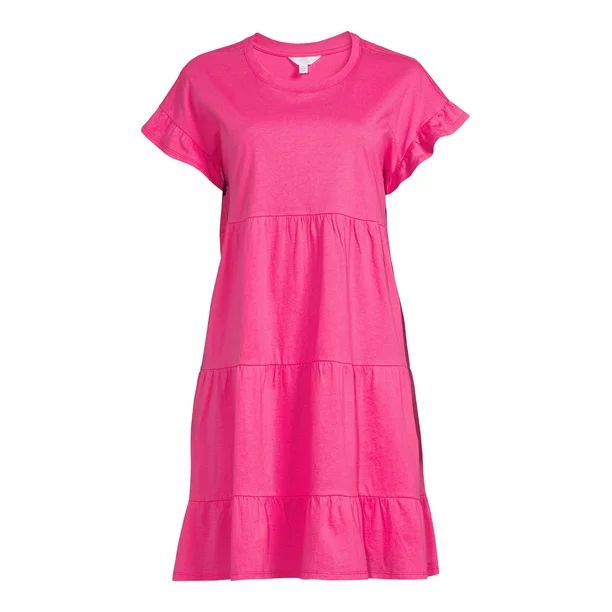 Time and Tru Women's Short Sleeve Flutter Tiered Dress - Walmart.com | Walmart (US)