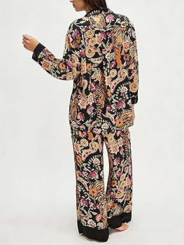 Women Satin Pajama Set Floral Silk Pajamas 2 Piece Lounge Sets Button Down Shirts Wide Leg Pants ... | Amazon (US)