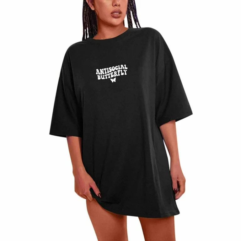 Fesfesfes ANTISOCIAL BUTTERFLY Letter Printed Tees Tops for Women Loose Comfy Drop Shoulder T-shi... | Walmart (US)