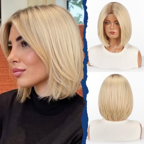 starluck Human Hair Wigs for Women, Curtain Bangs Ombre Light Blonde Bob Wig Real Human Hair with SilkHug Cap, 12 Inch Graduated Straight, Soft, Natural Look for Daily & Wear Parties | Amazon (US)