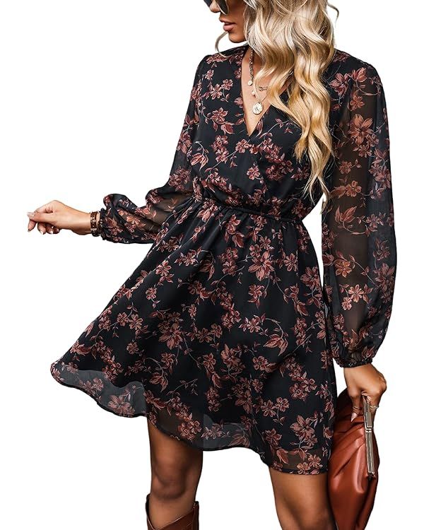 CUPSHE Women's Floral Print Chiffon A-Line Mini Dress Long Peasant Sleeves | Amazon (US)