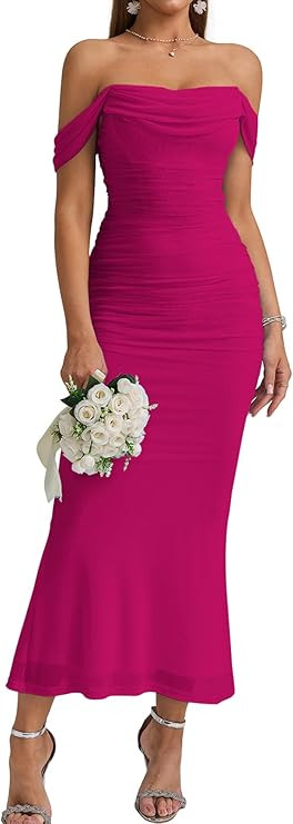 KUTUMAI Off The Shoulder Maxi Long Dress Corset Ruched Bodycon Cocktail Formal Wedding Guest Dres... | Amazon (US)