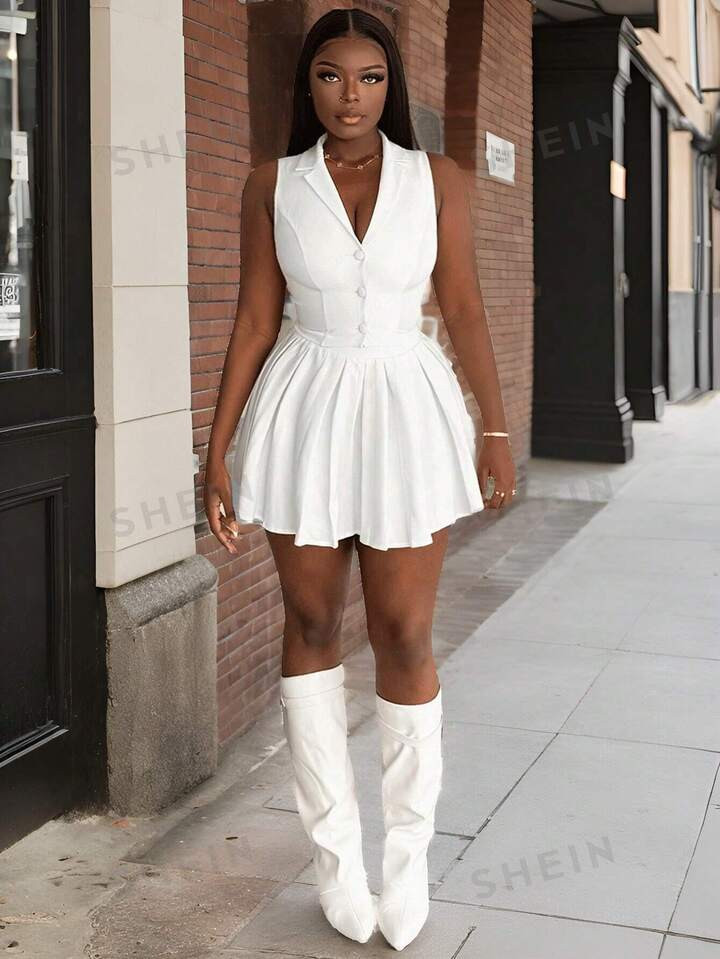 evoluSHEINSHEIN Slayr Elegant Casual Sports Deep V-Neck Buttoned Vest & Pleated Mini Skirt Ensemb... | SHEIN