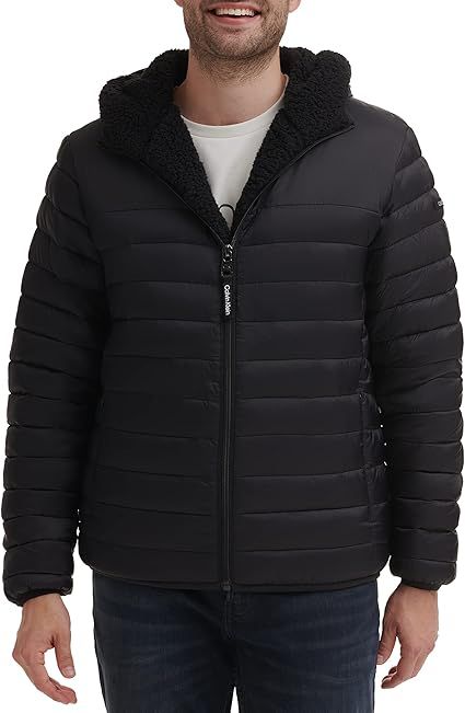 Calvin Klein Men's Hooded Down Jacket Quilted Coat Sherpa Lined | Amazon (US)
