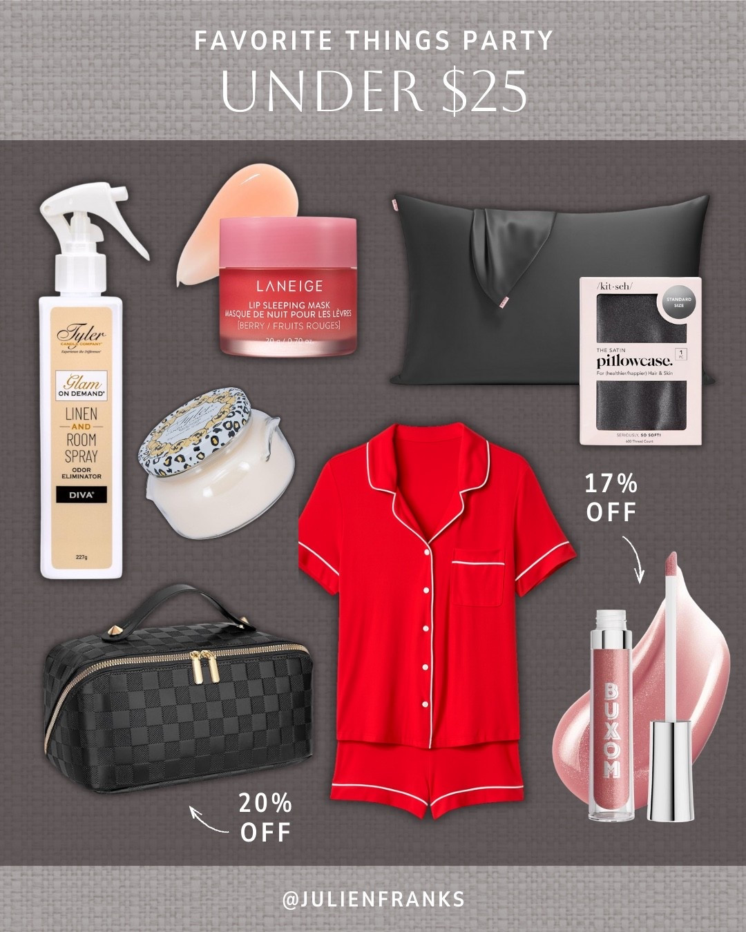 My top picks for a Favorite Things party under $25. 💛 These essentials would be great gifts for anyone on your list, and at such a good price point. Perfect to use now and any other season!

#giftideas #favoritethingsparty #holidayseason #christmas #pajamas #homefinds #beautyfinds #kitsch #laneige #giftinspo

#LTKFindsUnder50 #LTKGiftGuide #LTKHoliday