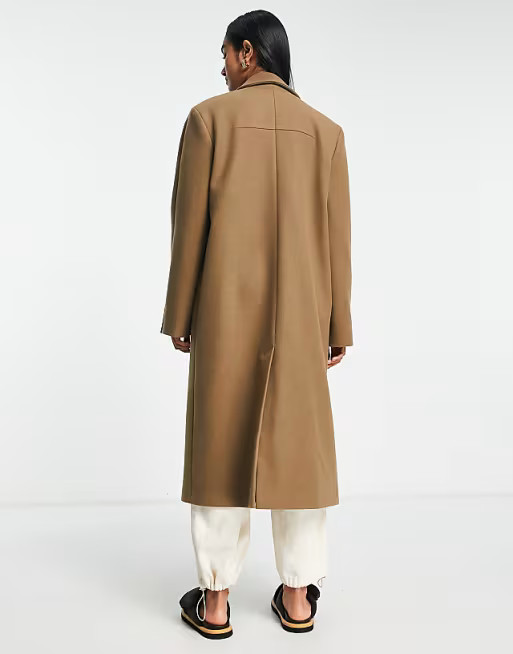 Topshop double breasted long coat in dark camel | ASOS (Global)