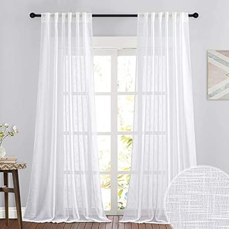 Turquoize White Linen Sheer Curtains Natural Linen Semi Sheer Curtains White 96 Inches Long Light Fi | Amazon (US)