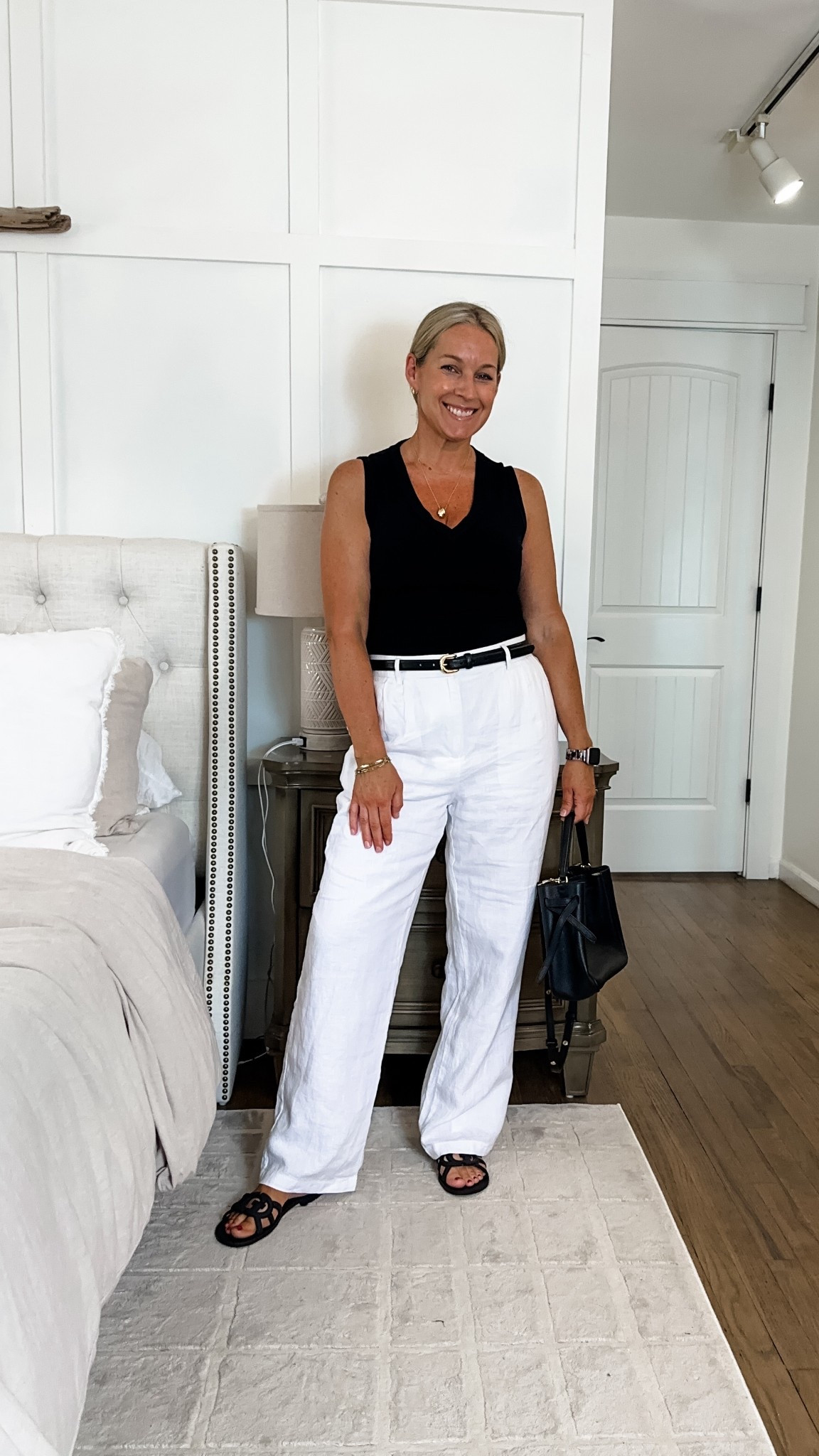 Medium tank, size 8 pants and true to size sandals that are designer but only $40 or so and look just like the $550 pair! 

#LTKMidsize #LTKootd #LTKPetite