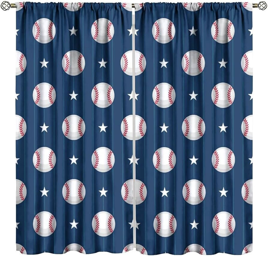Baseball Curtains for Kids, Sports Theme Softball Ball Navy Blue Print Window Curtains for Boys T... | Amazon (US)