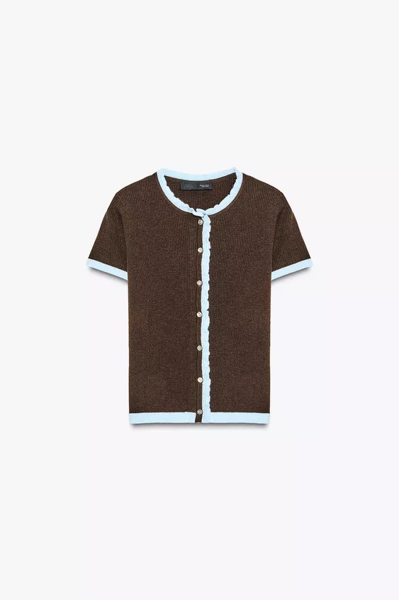 SHORT SLEEVE CONTRAST KNIT CARDIGAN | Zara UK