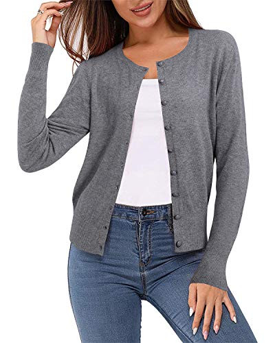 Newshows Women's 2026 Spring Lightweight Button Down Long Sleeve Cozy Crew Neck Soft Knit Jacket Spring Cardigan Sweater Trendy(Grey,XXL) | Amazon (US)
