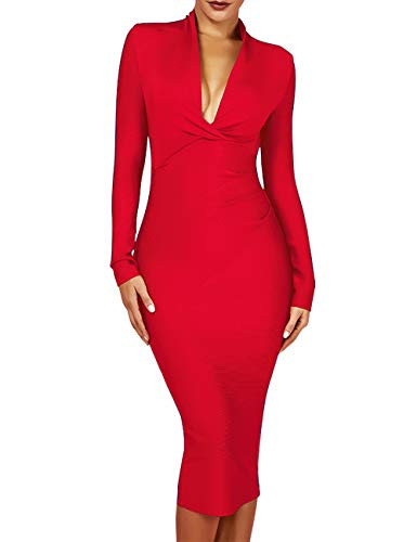 UONBOX Women's Deep Plunge V Neck Long Sleeves Draped Knee Length Bodycon Bandage Dress | Amazon (US)