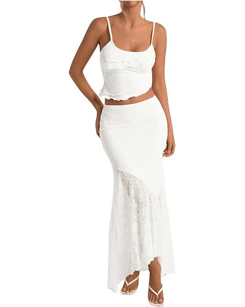 GORGLITTER Women's Two Piece Maxi Skirt Sets Summer Outfits Going Out Lace Asymmetrical Long Skir... | Amazon (US)