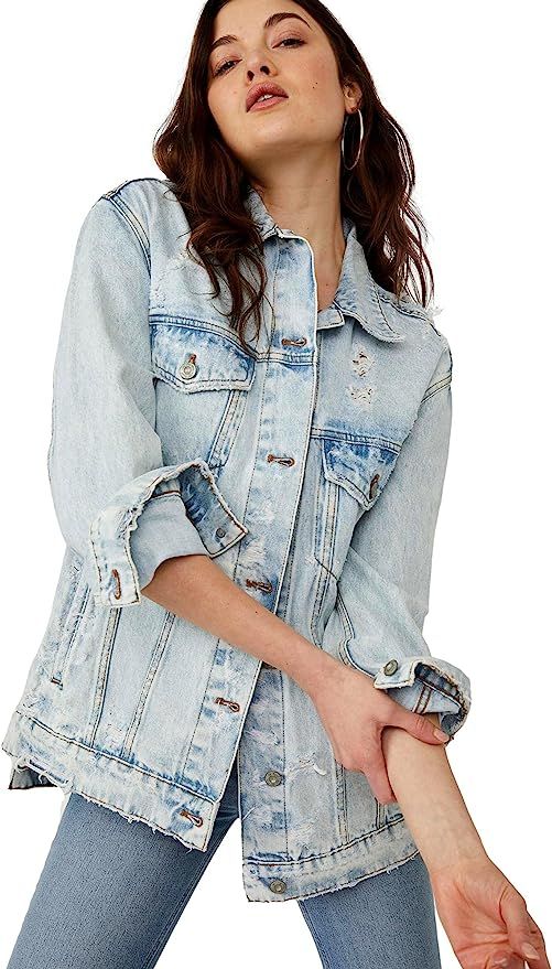 Free People Destroyed Long & Lean Denim Jacket | Amazon (US)