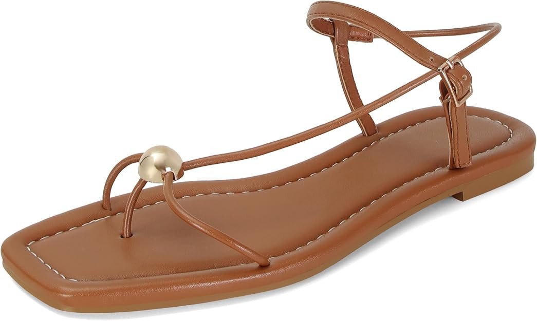 Strappy Flat Sandals for Women Comfortable Dressy Summer Beach Thong Flip Flop Slide Sandals with... | Amazon (US)