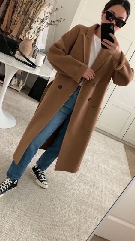 My favorite coat of all time! Drapes beautifully, but does run oversized. 

Coat - Anine Bing xxs
Tee - Everlane Medium
Jeans - Levi’s 24
Sneakers - Converse 5
Sunglasses - YSL