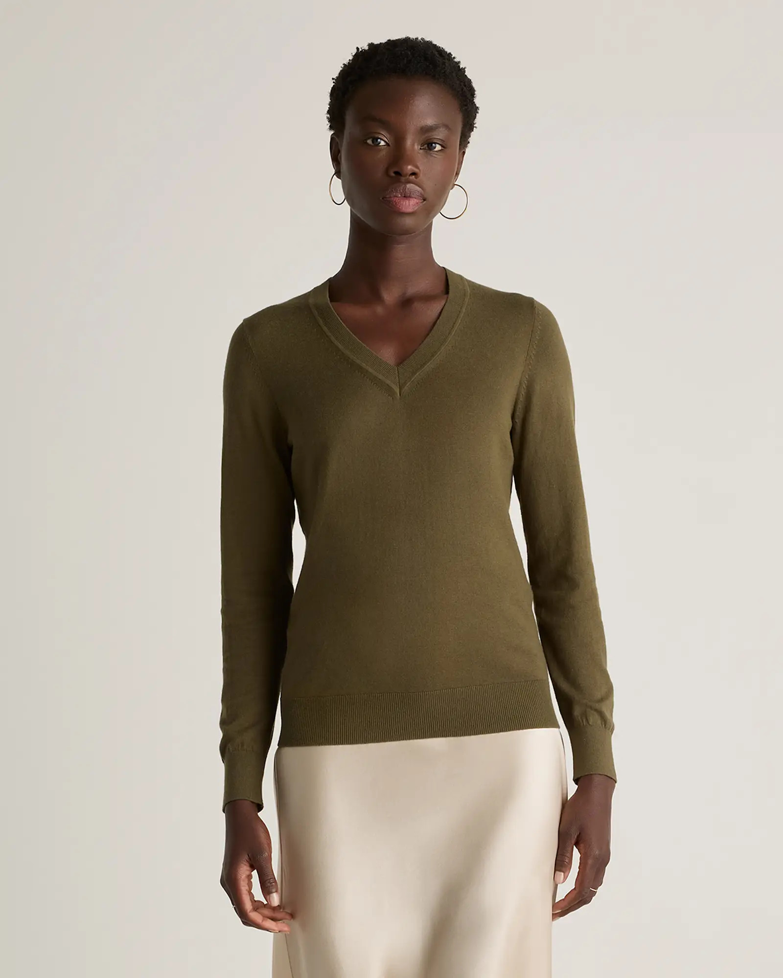 Lightweight Cotton Cashmere V-Neck Sweater in Olive | Quince