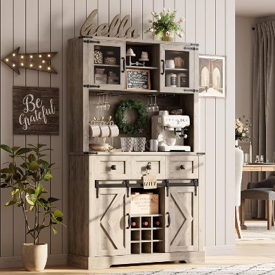 72 Inch Farmhouse Bar Cabinet with Sliding Barn Door, Washed Gray Finish Sideboard with 3 Drawers and Wine Storage, Multi-Purpose Storage Hutch | Target