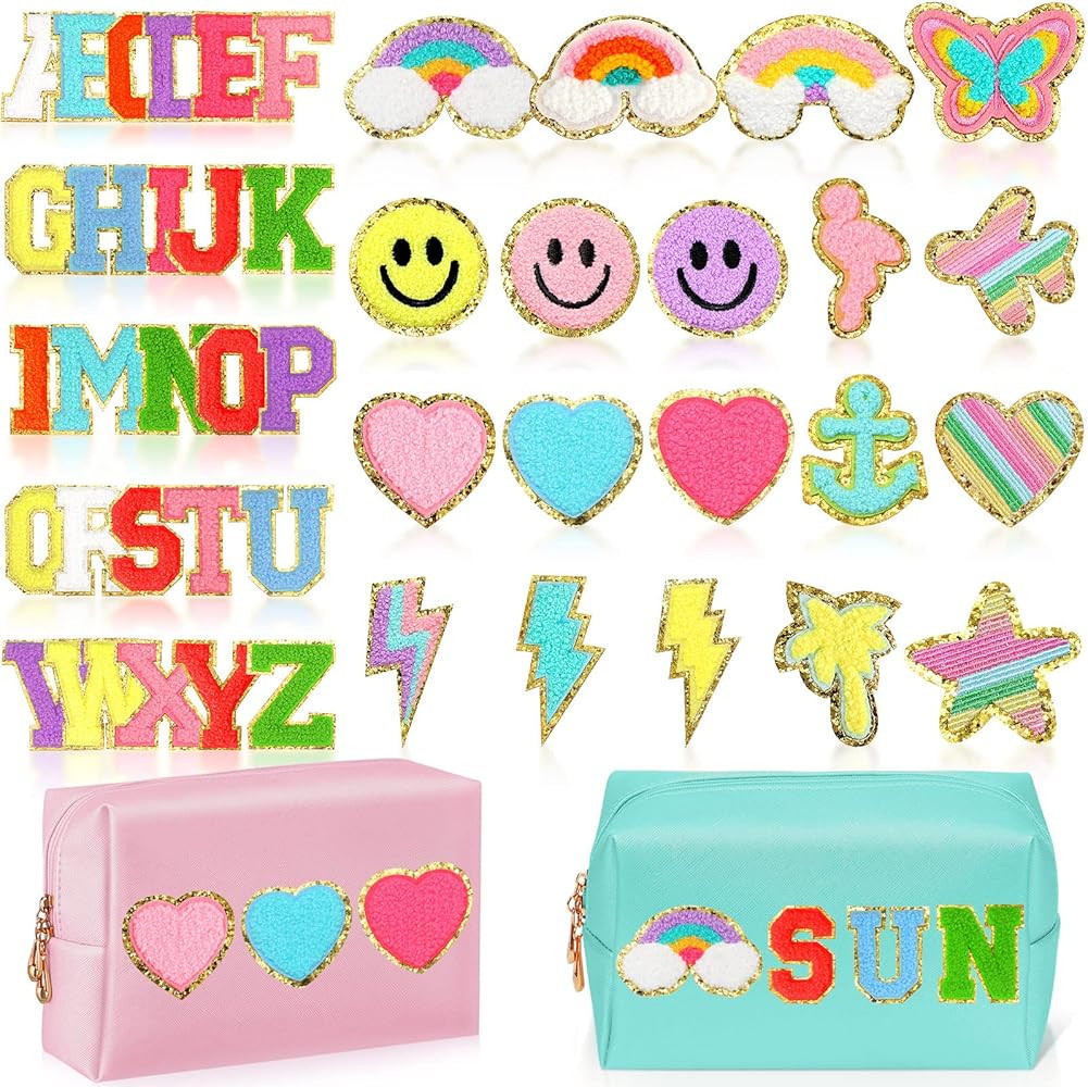 47 Pcs Preppy Bag Self Adhesive Chenille Letter Patches Cosmetic Bag Set Embroidered Patches Initial | Amazon (US)