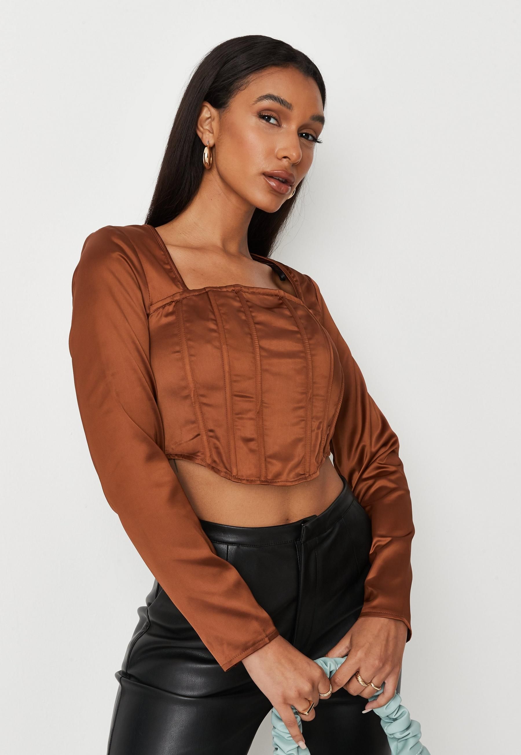 Chocolate Satin Cut Out Back Corset Top | Missguided (US & CA)