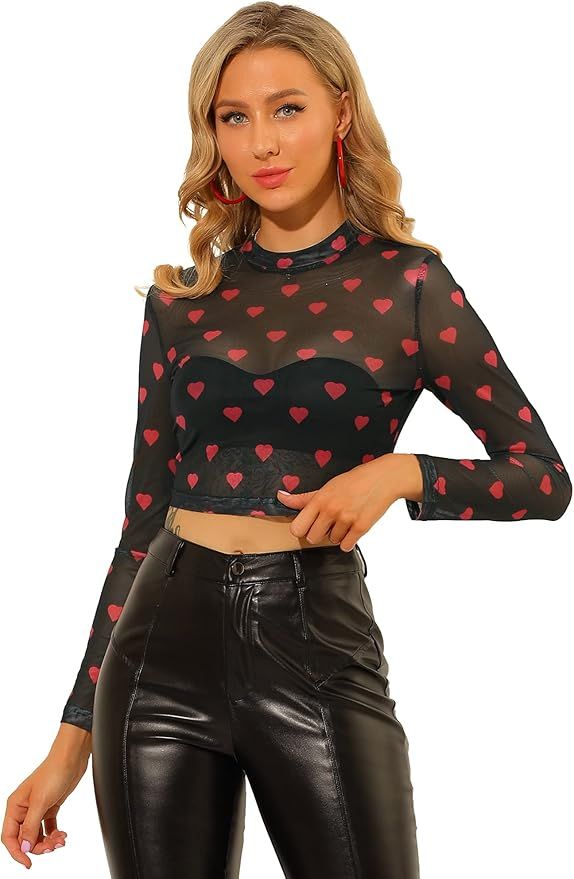Allegra K Women's Semi-Sheer Sexy Blouse Heart Print Crop Tops Valentine's Day Party Mesh Top | Amazon (US)