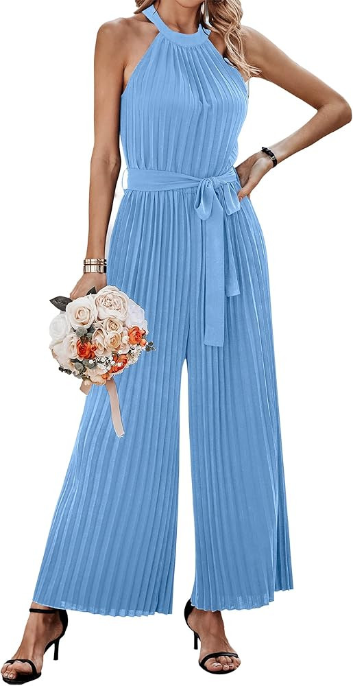 KIRUNDO 2023 Women Summer Halter Neck Sleeveless Pleated High Waist Belted Dressy Wide Leg Pant O... | Amazon (US)