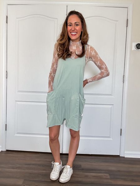 Summer outfit - sheer lace top under hot shot onesie 

Spring to summer transition outfit // short jumpsuit // lacy long sleeve shirt // white sneakers 

#LTKfindsunder100 #LTKstyletip #LTKSeasonal