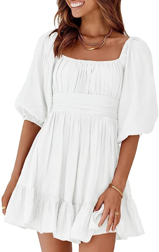 Dokotoo Womens Summer Dresses Square Neck Lantern Sleeve Tie Backless Ruffle A-Line Casual Dress | Amazon (US)