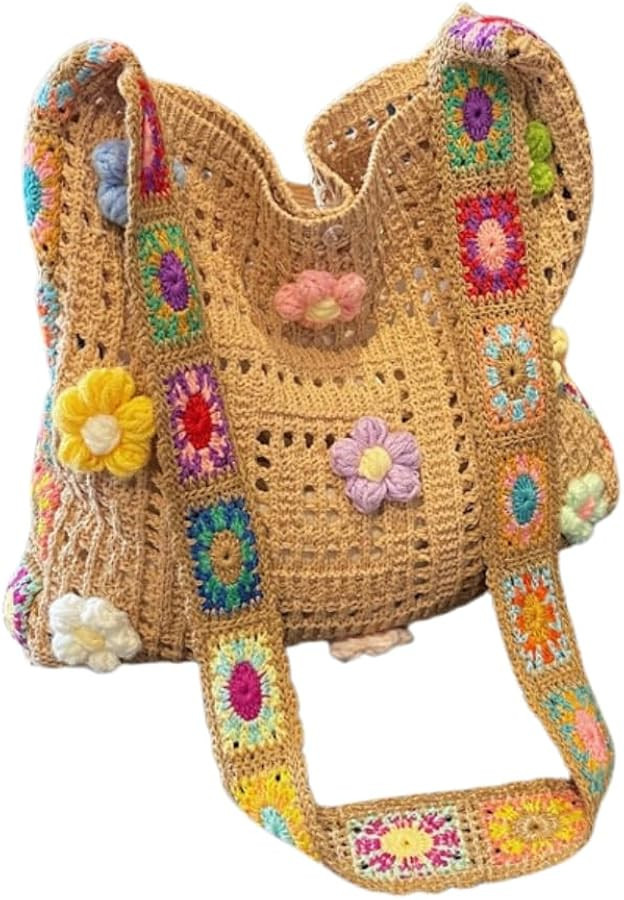 Crochet Knit Boho Shoulder Bag for women, Hollow Out Embroidery Crossbody Bag Tote Handbag for tr... | Amazon (US)