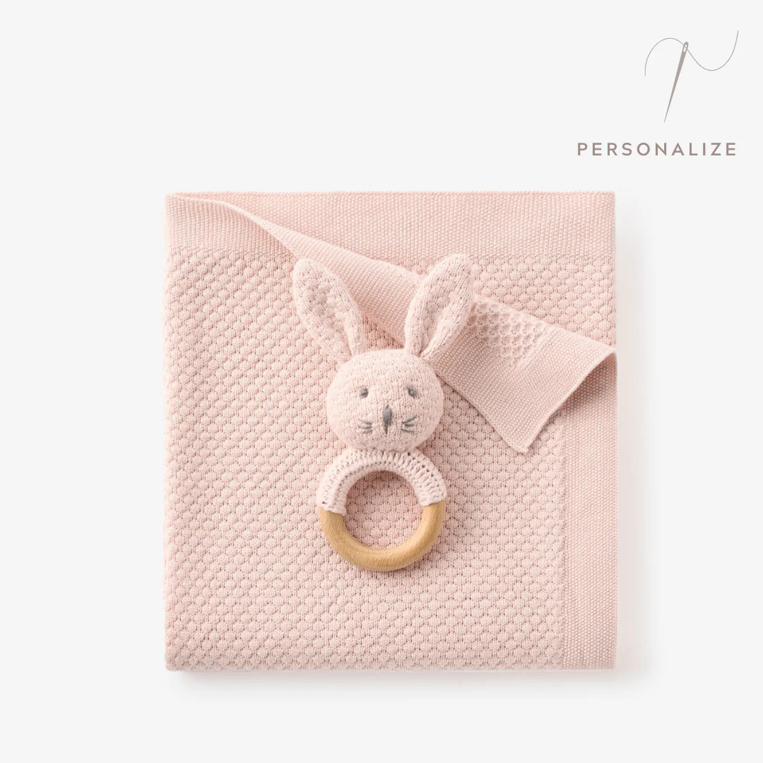 Blush Textured Knit Blanket + Bunny Ring Rattle Gift Set | Elegant Baby