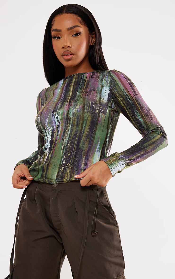 Green Printed Long Sleeve Top | PrettyLittleThing UK