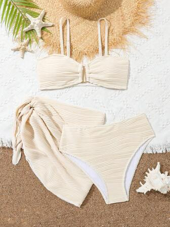 Teen Girl Summer Solid Color Textured Two-Piece Swimsuit Set With Skirt Cover Up | SHEIN