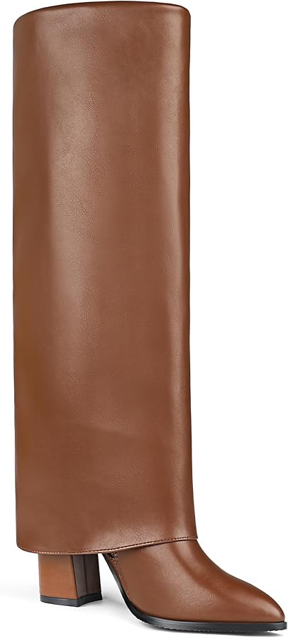 Zzheels Women's Fold Over Knee High Boots Chunky High Heels Pointy Toe Long Boots Wide Calf Zip-o... | Amazon (US)