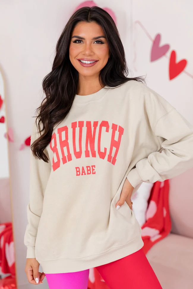 Brunch Babe Light Tan Oversized Graphic Sweatshirt | Pink Lily