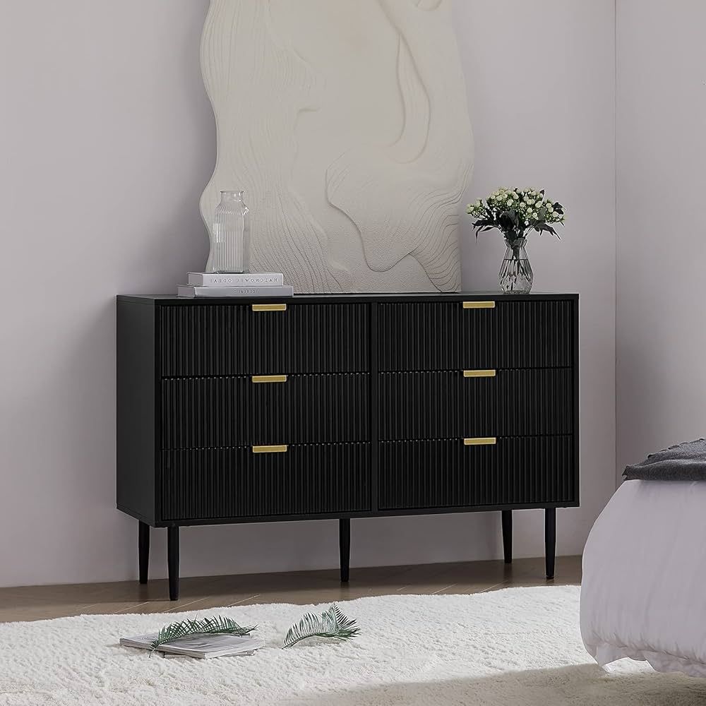 Okvnbjk Black Dresser for Bedroom, Modern 6 Drawer Dresser with Metal Handles, Small Wood Dresser... | Amazon (US)