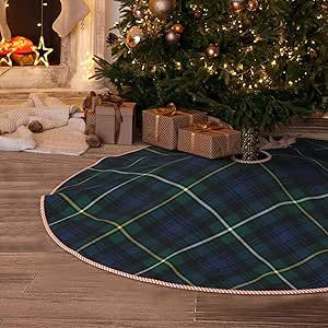 MIZIBAO Christmas Tree Skirt 48" Campbell Clan Tartan Navy Blue and Green Plaid Faux Linen Rustic... | Amazon (US)