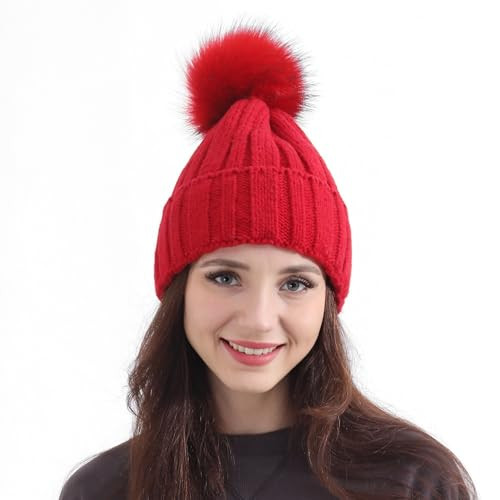 Winter Wear Lined Red Beanie for Women Warm Winter Hats Cap for Womens Girl Soft Pom Pom Hat, Birthday for Women. (Red) | Amazon (US)