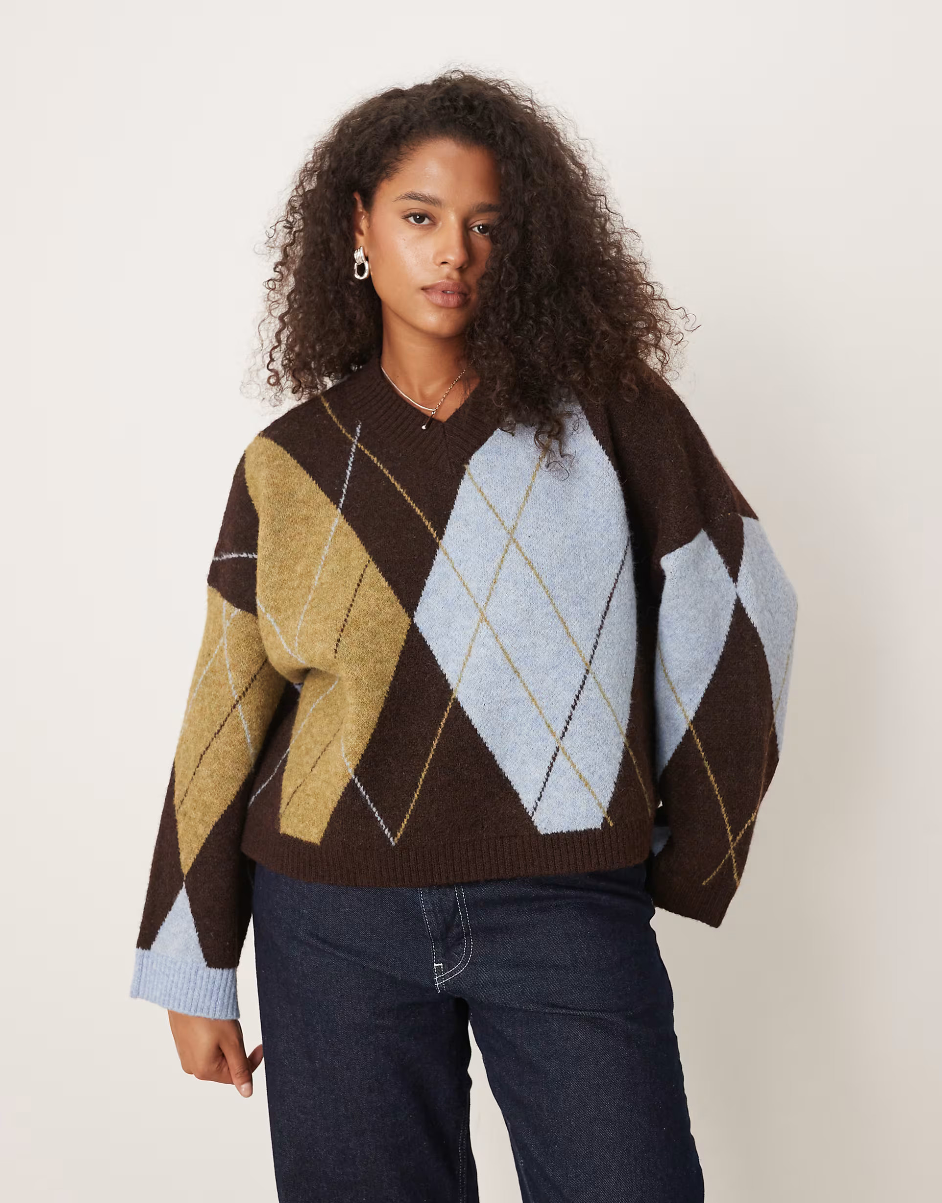 ASOS DESIGN Curve argyle boxy v neck jumper in chocolate | ASOS | ASOS (Global)