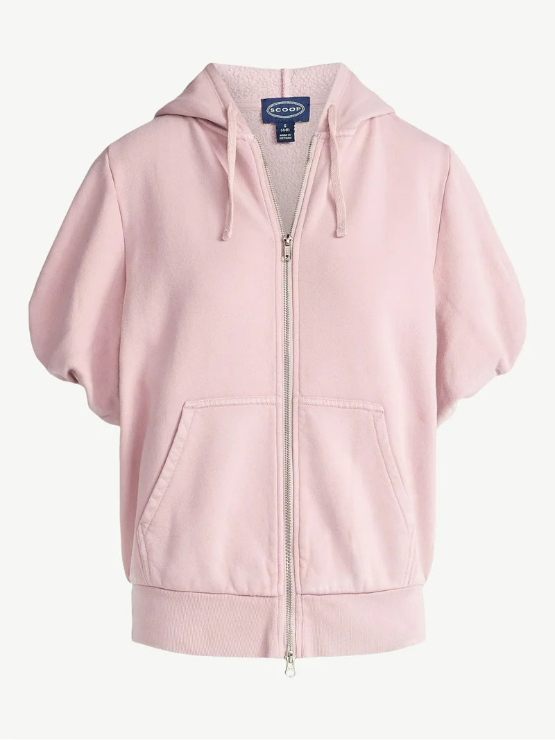 Scoop Women’s Mineral Washed Zip Hoodie with Short Puff Sleeves, Sizes XS-XXL | Walmart (US)