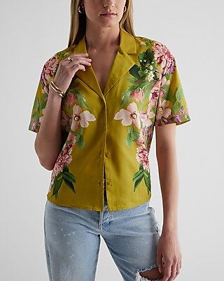 Floral Short Sleeve Button Up Boxy Shirt | Express