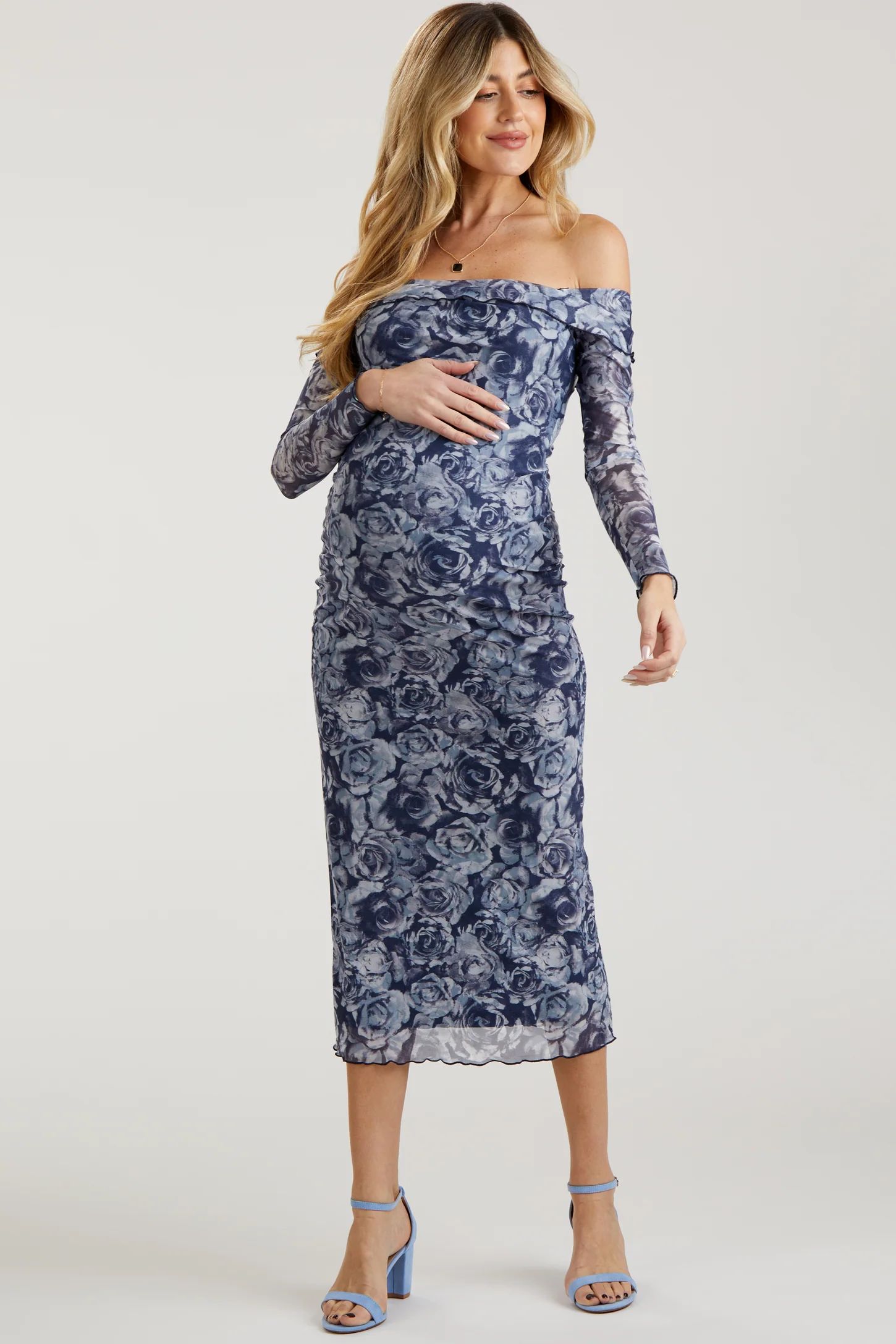Navy Floral Off Shoulder Mesh Knit Maternity Midi Dress | PinkBlush Maternity