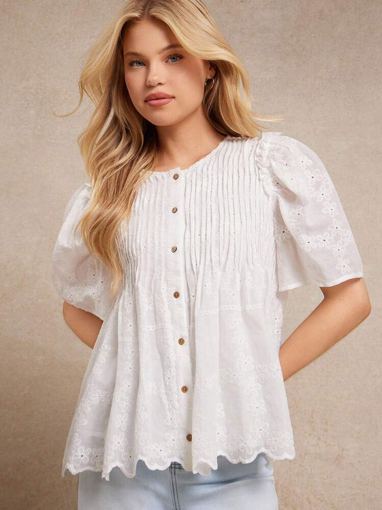 WESTFADE Floral Eyelet Round Neck Pleated Button Front Short Sleeve Ruffle Loose Fit Top Vintage ... | SHEIN