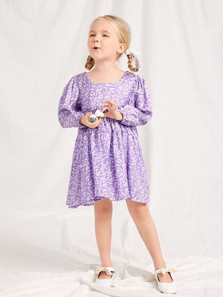 SHEIN Toddler Girls Ditsy Floral Bishop Sleeve Square Neck Dress | SHEIN