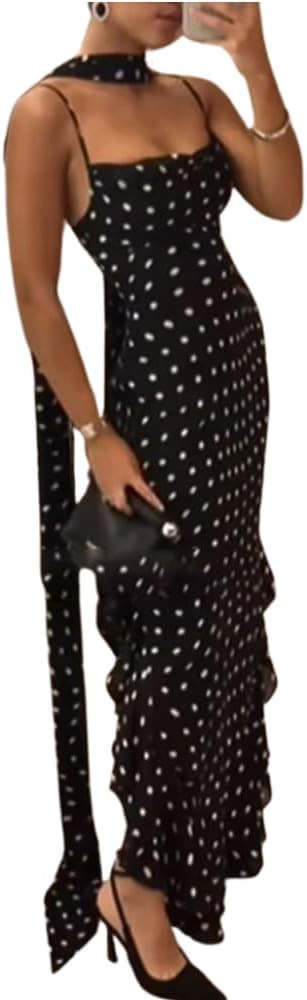 Polka Dot Maxi Dress with Scarf for Women V Neck Backless Sheer Halter Dress Y2k Vintage Party Go... | Amazon (US)